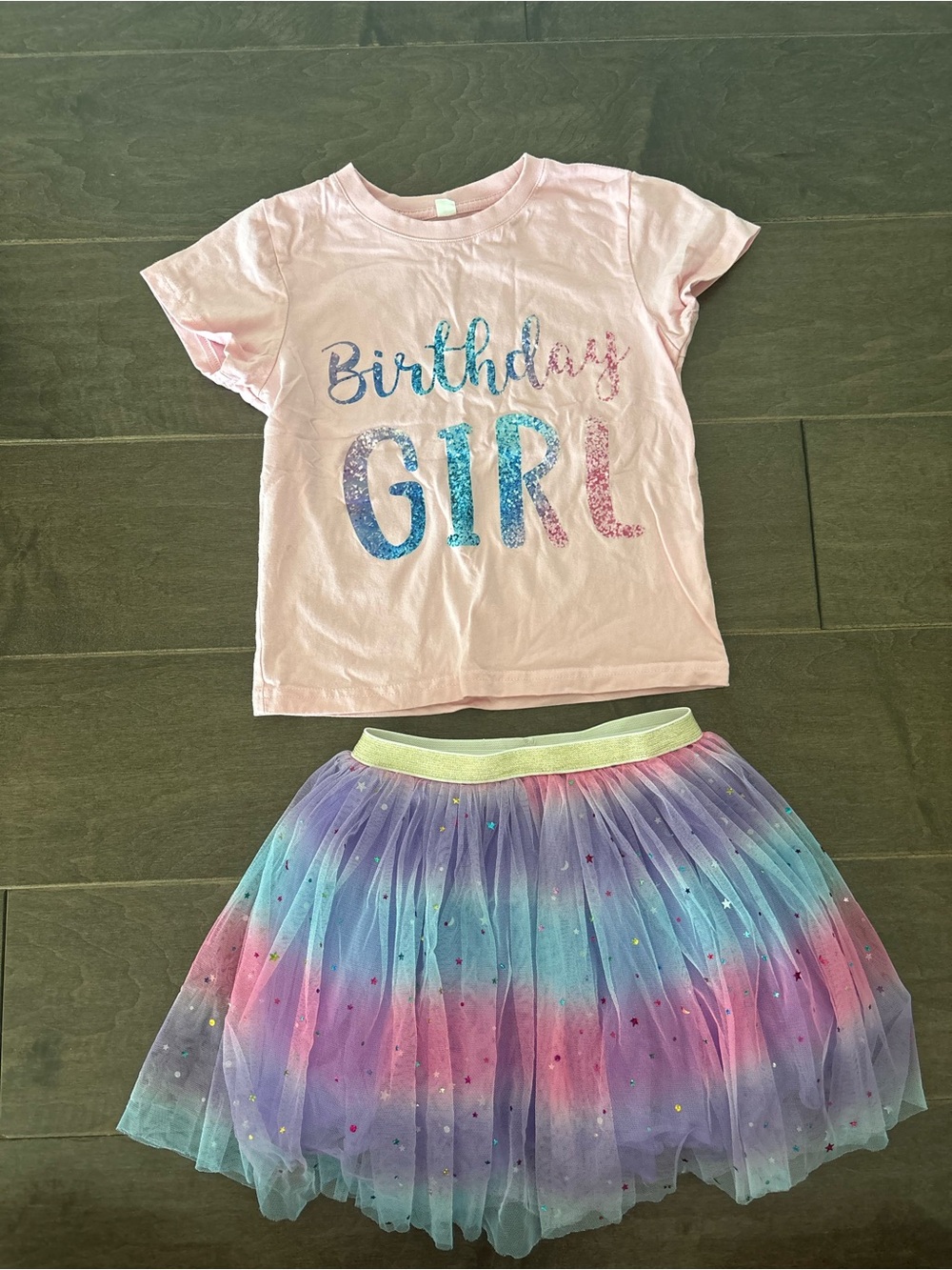 Birthday Girl Pink Tee and Pastel Rainbow Tulle Skirt Set